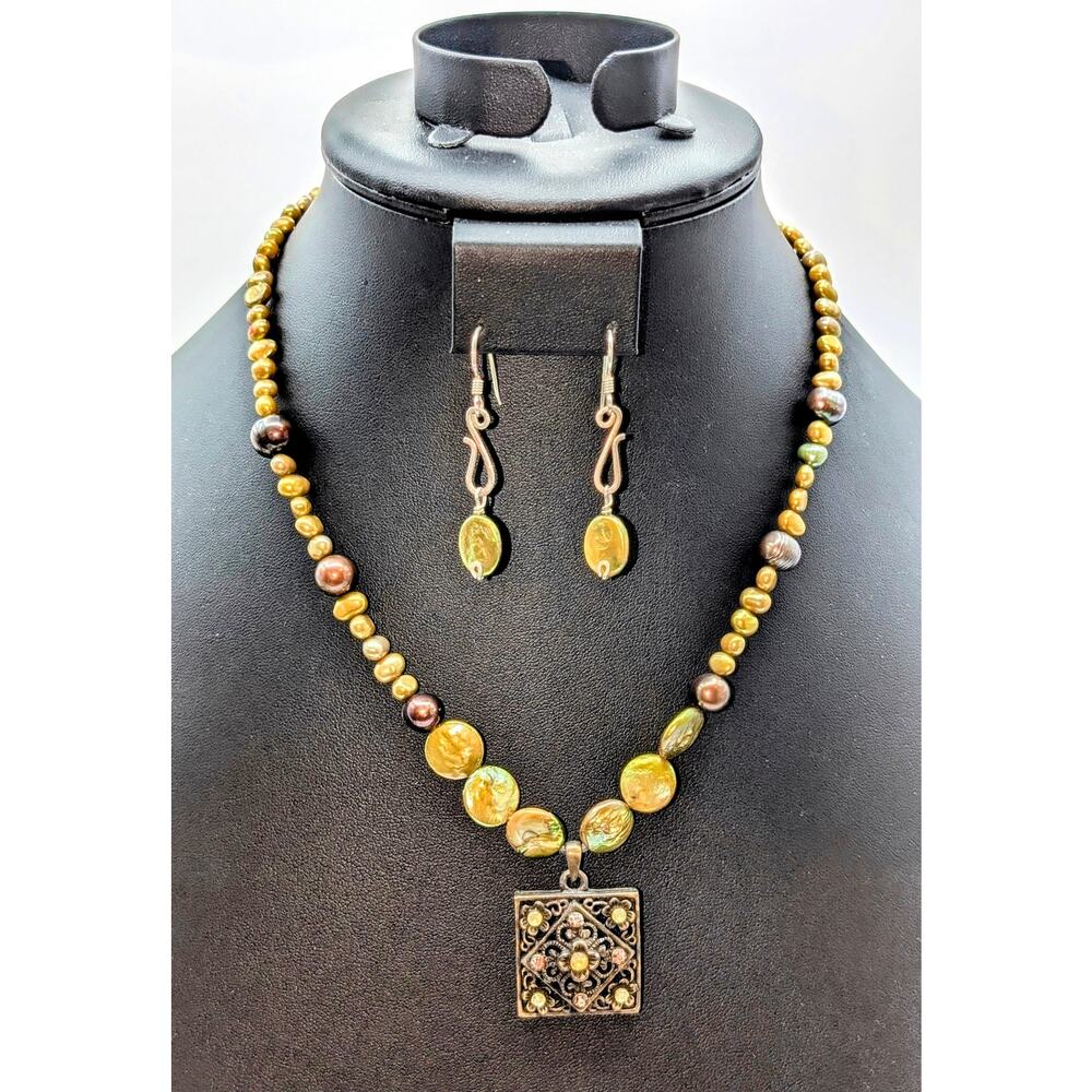 Genuine Green Coin Pearl Antiqued Filigree Square Pendant Necklace & Earring Set